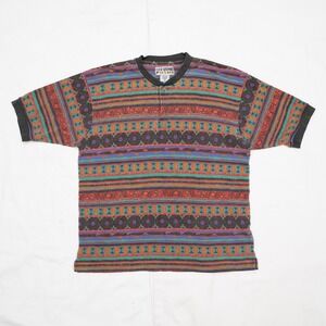 Vintage 80s 90s Club Newport Crazy Pattern Striped Henley T Shirt Ringer Men's M